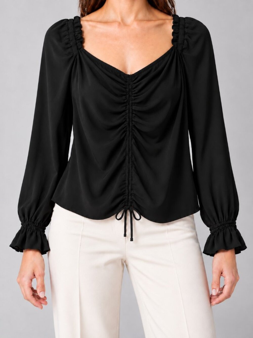 NWT PAIGE Calvina Top Black Ruched Drawstring Sweetheart Long Sleeve Blouse M